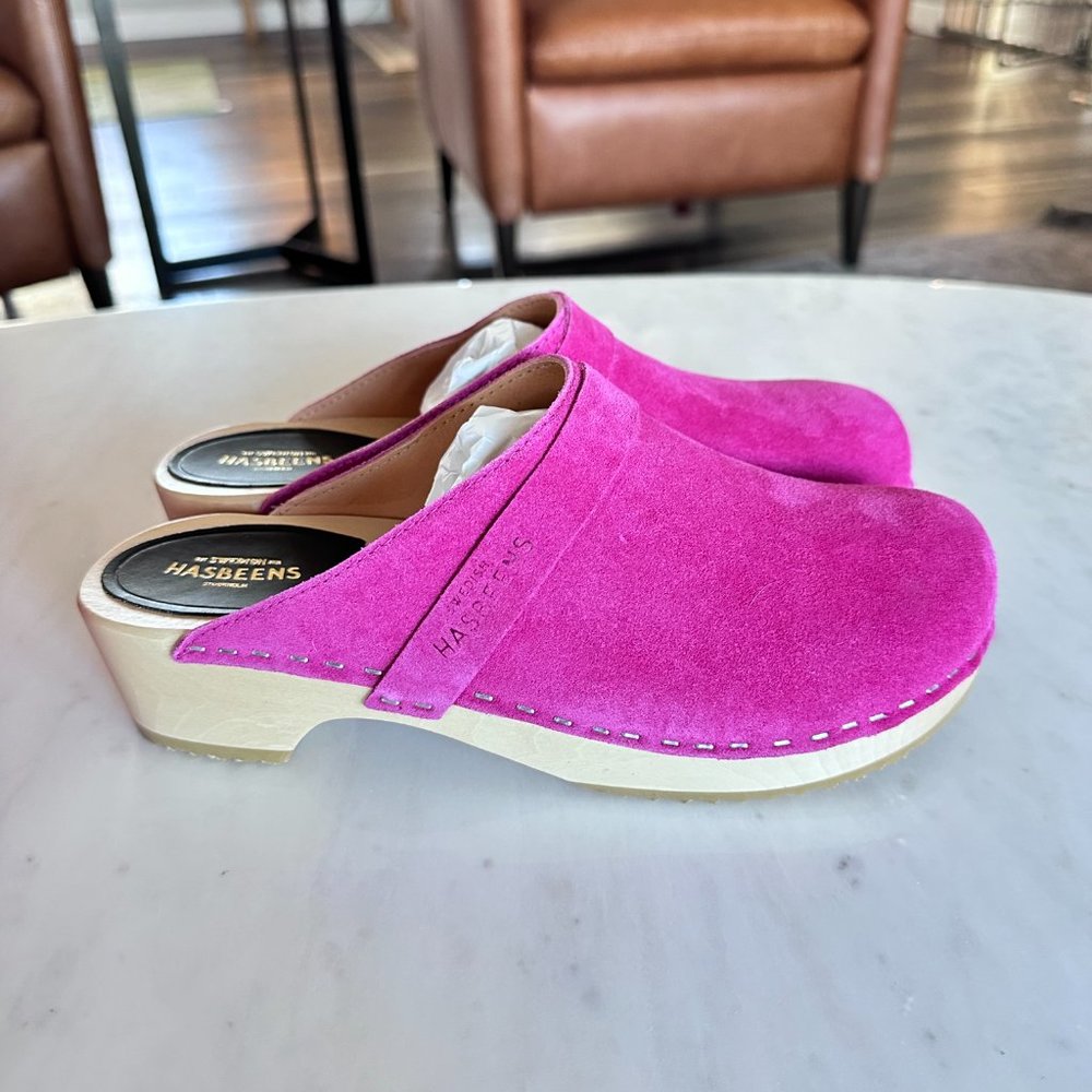 Swedish Hasbeens Swedish Husband Clog in Bouganville Suede Hot Pink Wooden Clog
